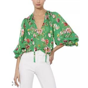 Alice + Olivia Green Floral V-Neck Tie Puff Sleeve Blouse